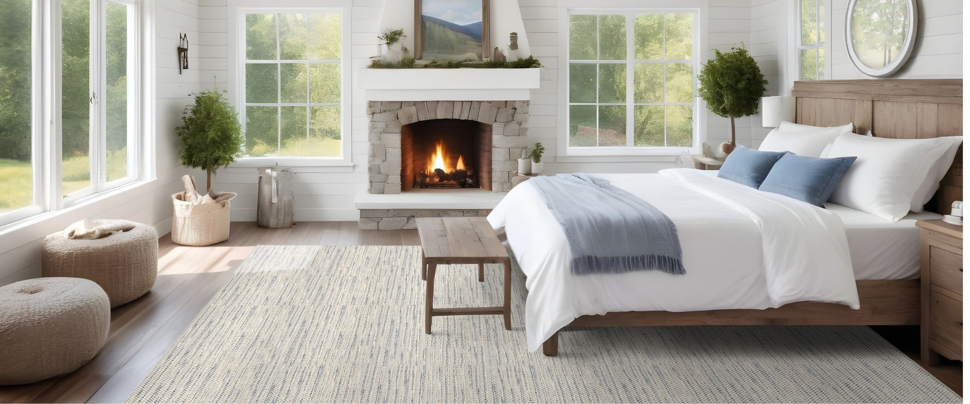 blue and white rug in bedroom with fireplace.