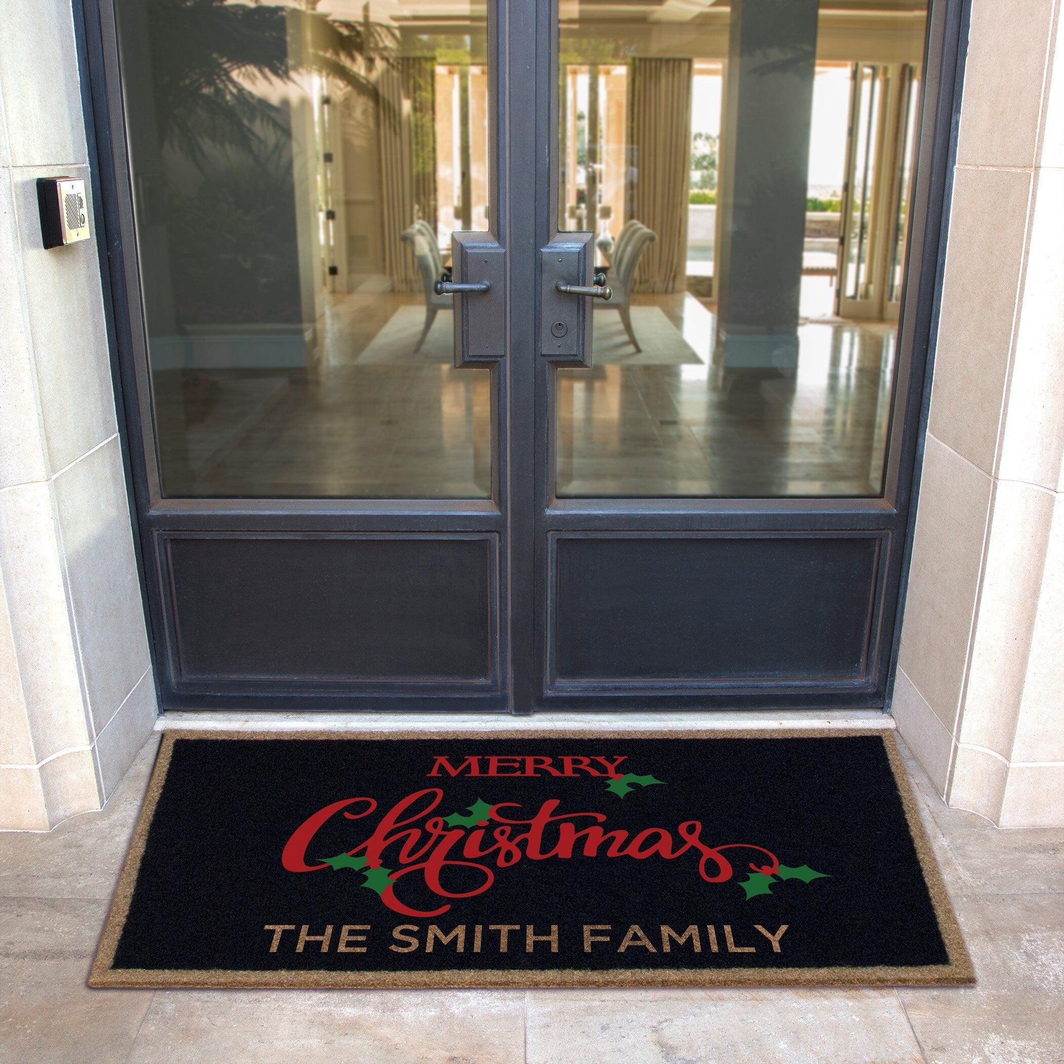 Custom all weather infinity doormat in black and tan, fade and shed resistant, perfect for front doors, and high traffic outdoor areas by RugsThatFit