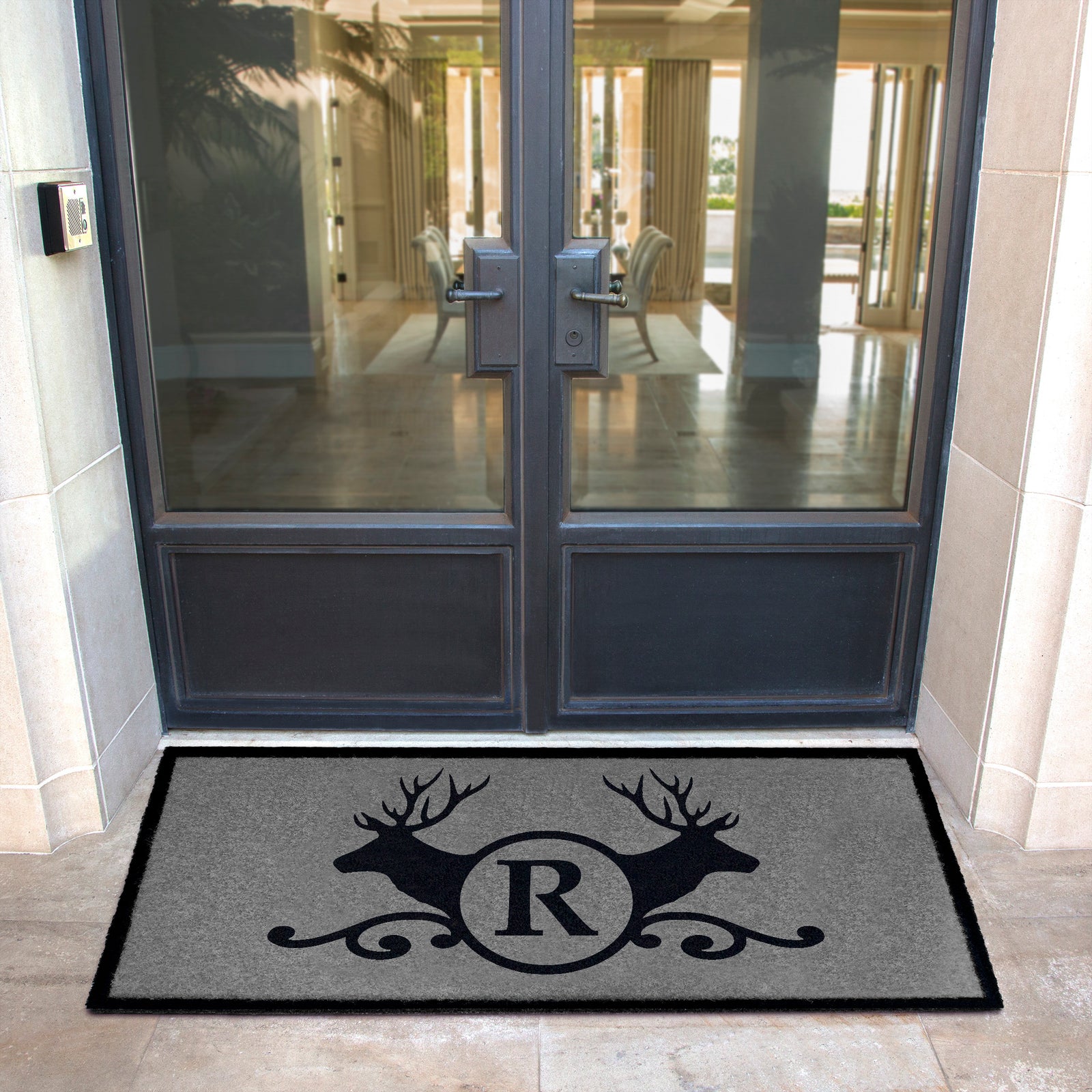 Custom all-weather Infinity doormat in black and tan, fade and shed resistant, perfect for front doors, patios and high traffic outdoor areas by RugsThatFit.
