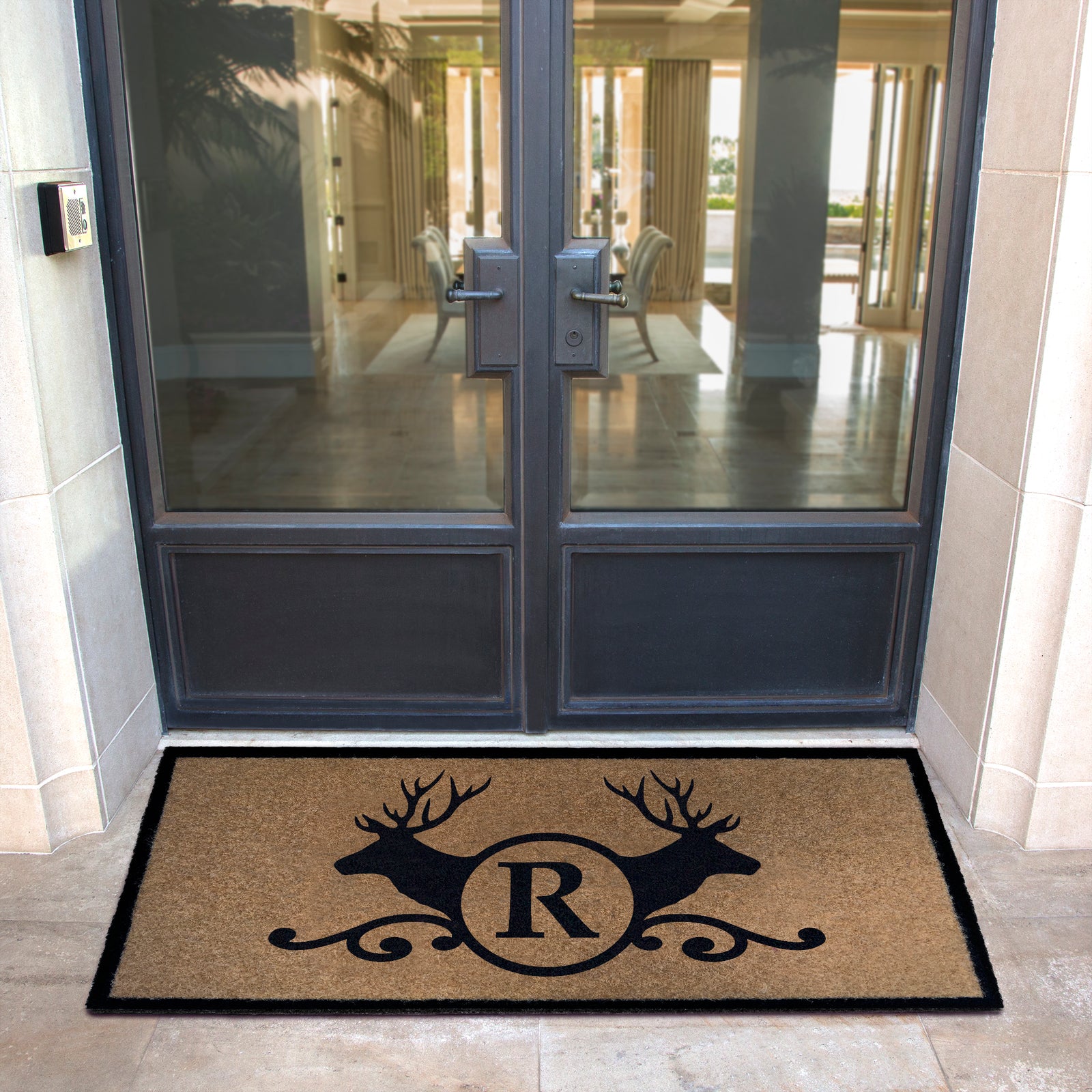 Custom all weather infinity doormat in black and tan, fade and shed resistant, perfect for front doors, and high traffic outdoor areas by RugsThatFit
