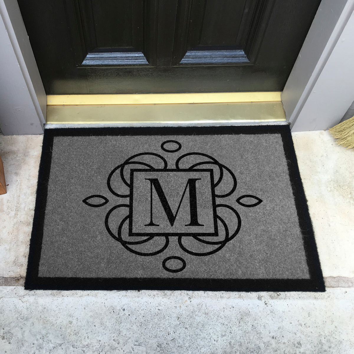 Infinity Custom Mats™ All-Weather Personalized Door Mat. STYLE: Floral Monogram  COLOR: GREY AND BLACK