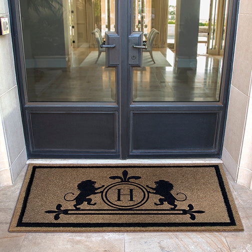 Custom all-weather Infinity doormat in black and tan, fade and shed resistant, perfect for front doors, patios, and high-traffic outdoor areas by RugsThatFit