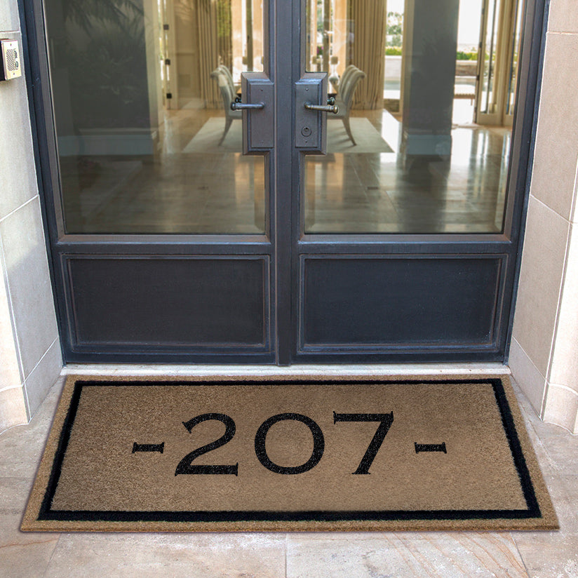Custom all-weather Infinity doormat in black and tan, fade and shed resistant, perfect for front doors, patios, and high-traffic outdoor areas by RugsThatFit