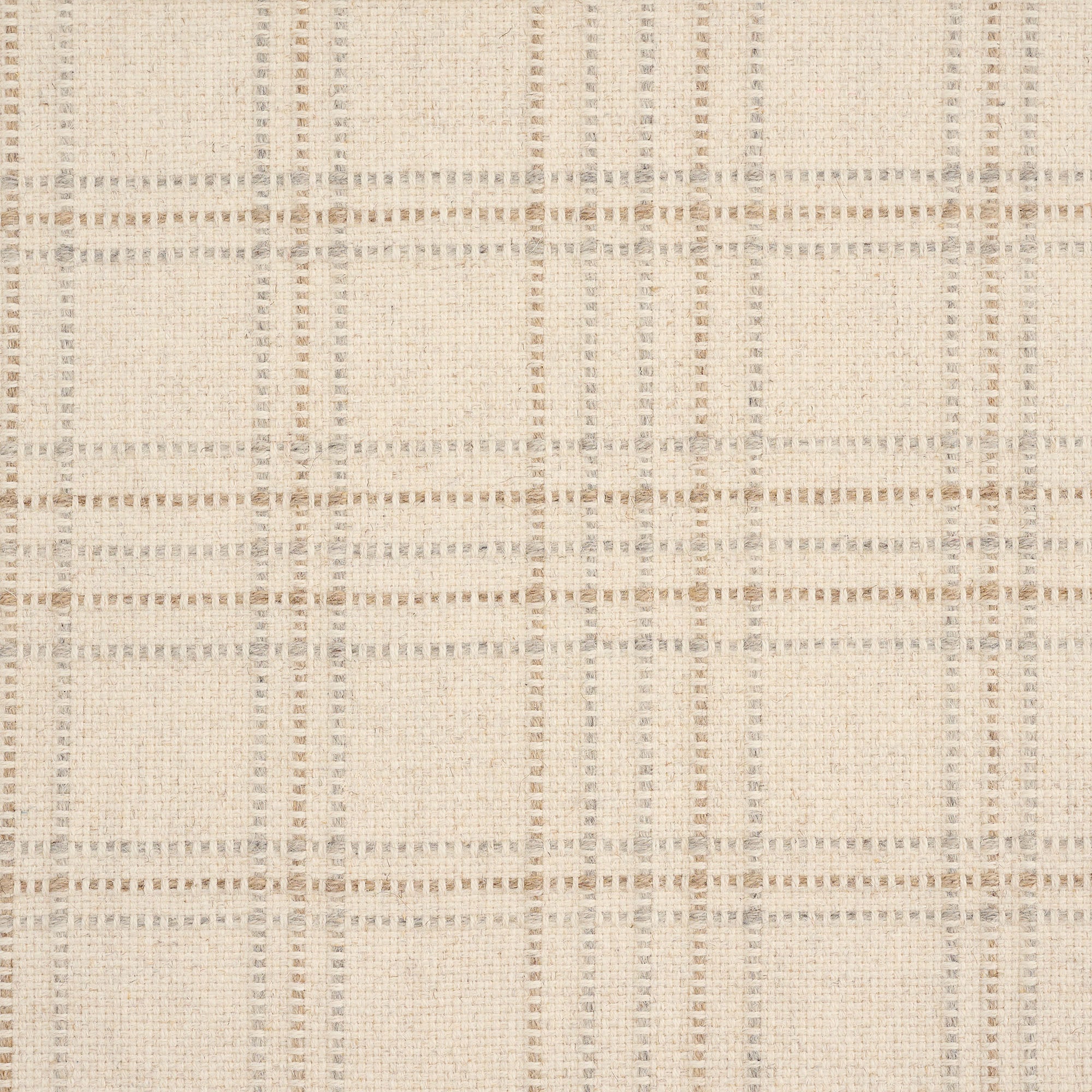 A close-up of a woven fabric texture with a subtle plaid pattern in beige, light brown, and gray.