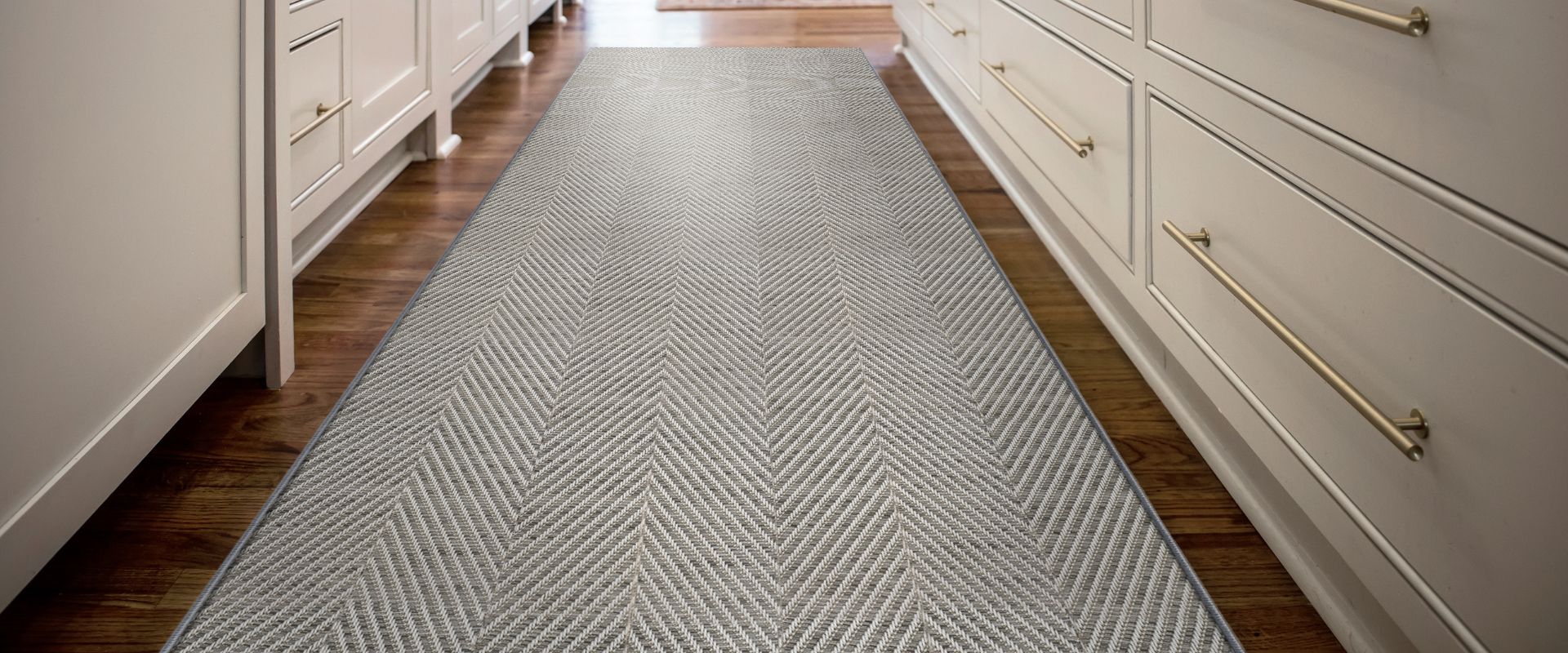 gray indoor outdoor rug runner in kitchen.