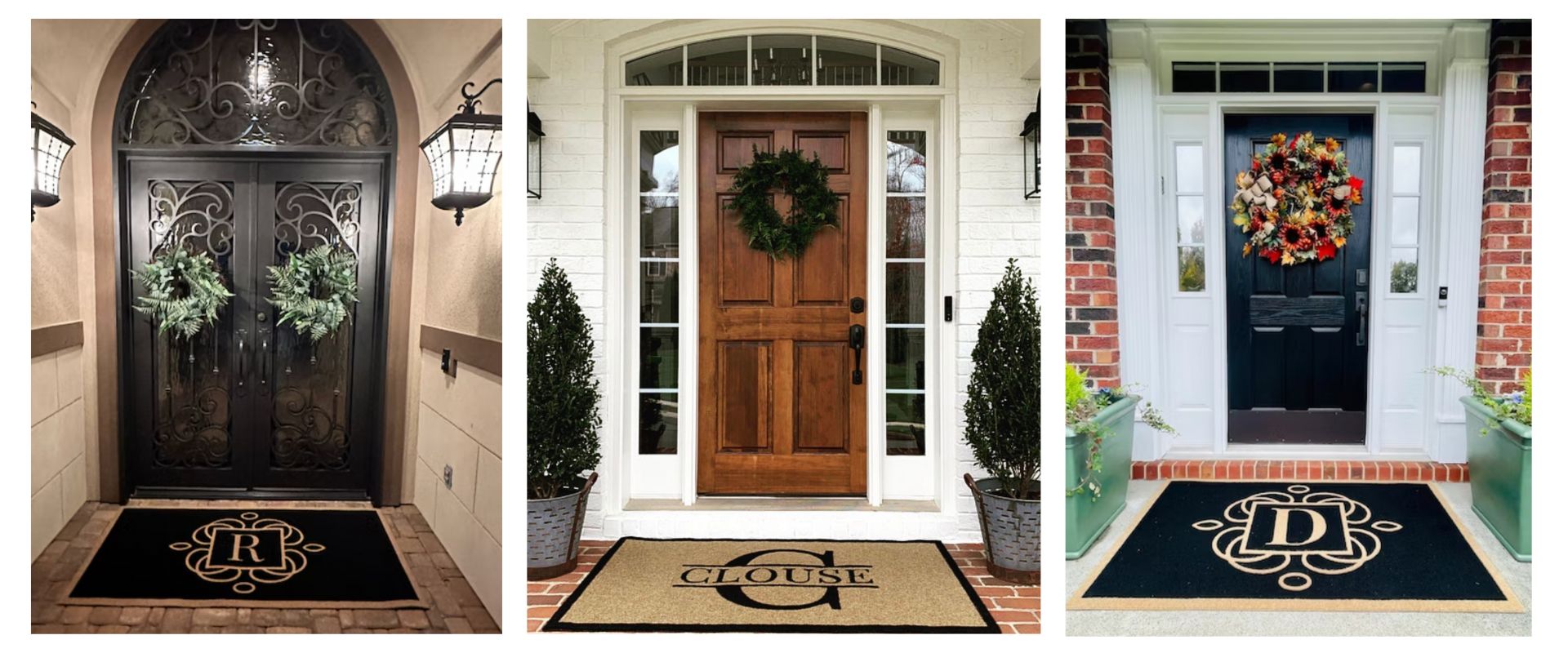 Black and tan personalized monogram doormat with family name at front door, durable outdoor mat with custom lettering