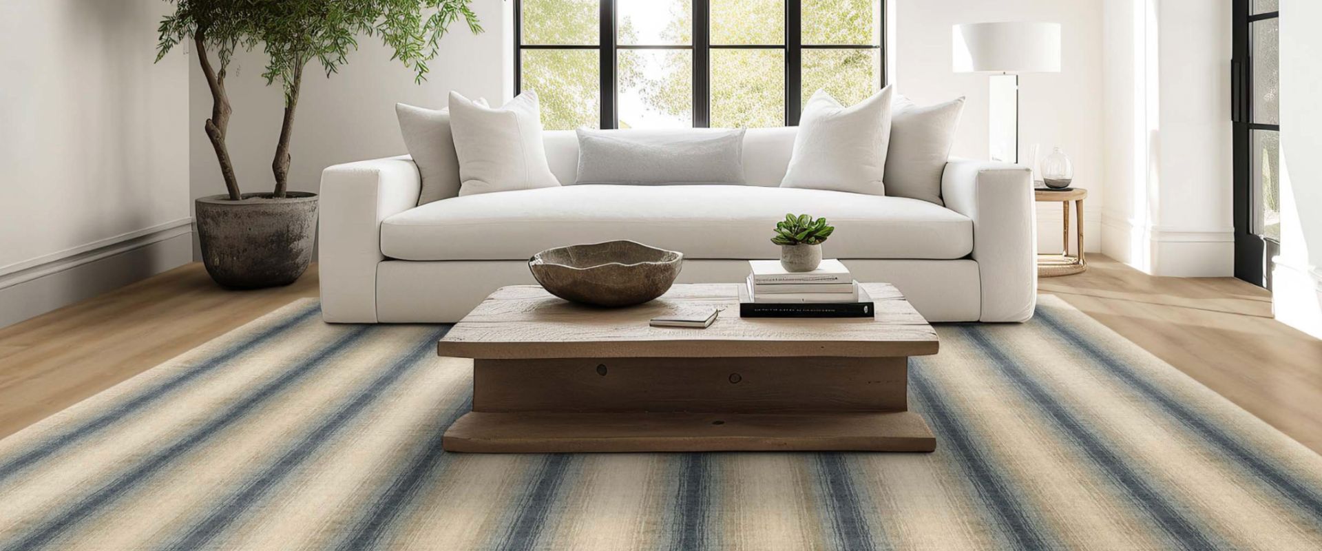 blue and cream rug  with white couch on top.