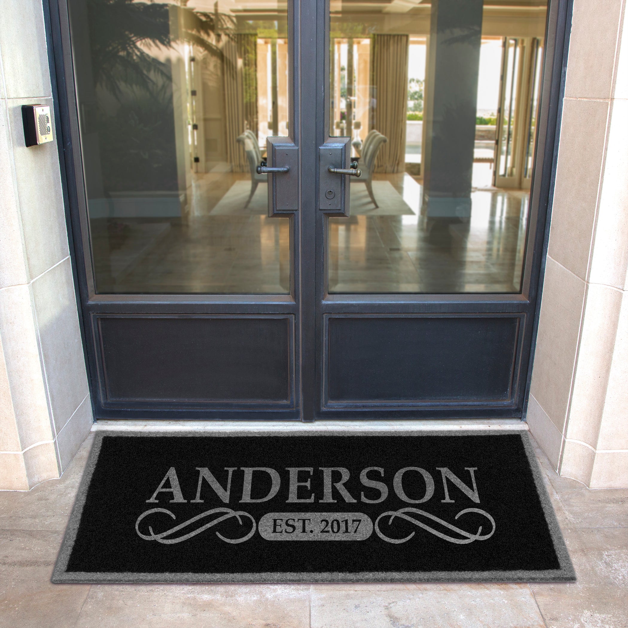 Custom all-weather Infinity doormat in black and tan, fade and shed resistant, perfect for front doors, patios, and high-traffic outdoor areas by RugsThatFit