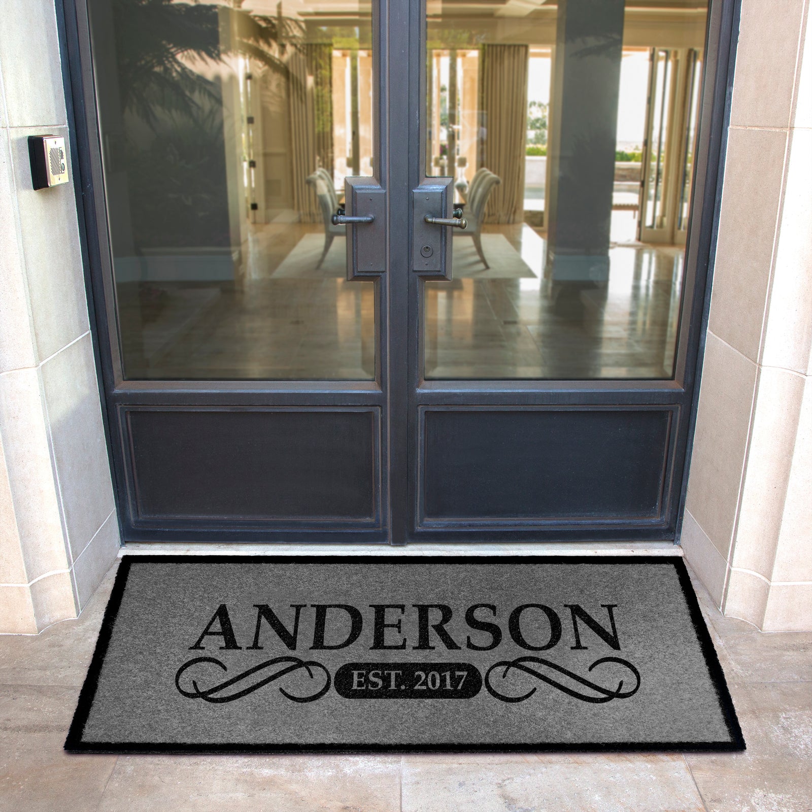 Custom all-weather Infinity doormat in black and tan, fade and shed resistant, perfect for front doors, patios, and high-traffic outdoor areas by RugsThatFit