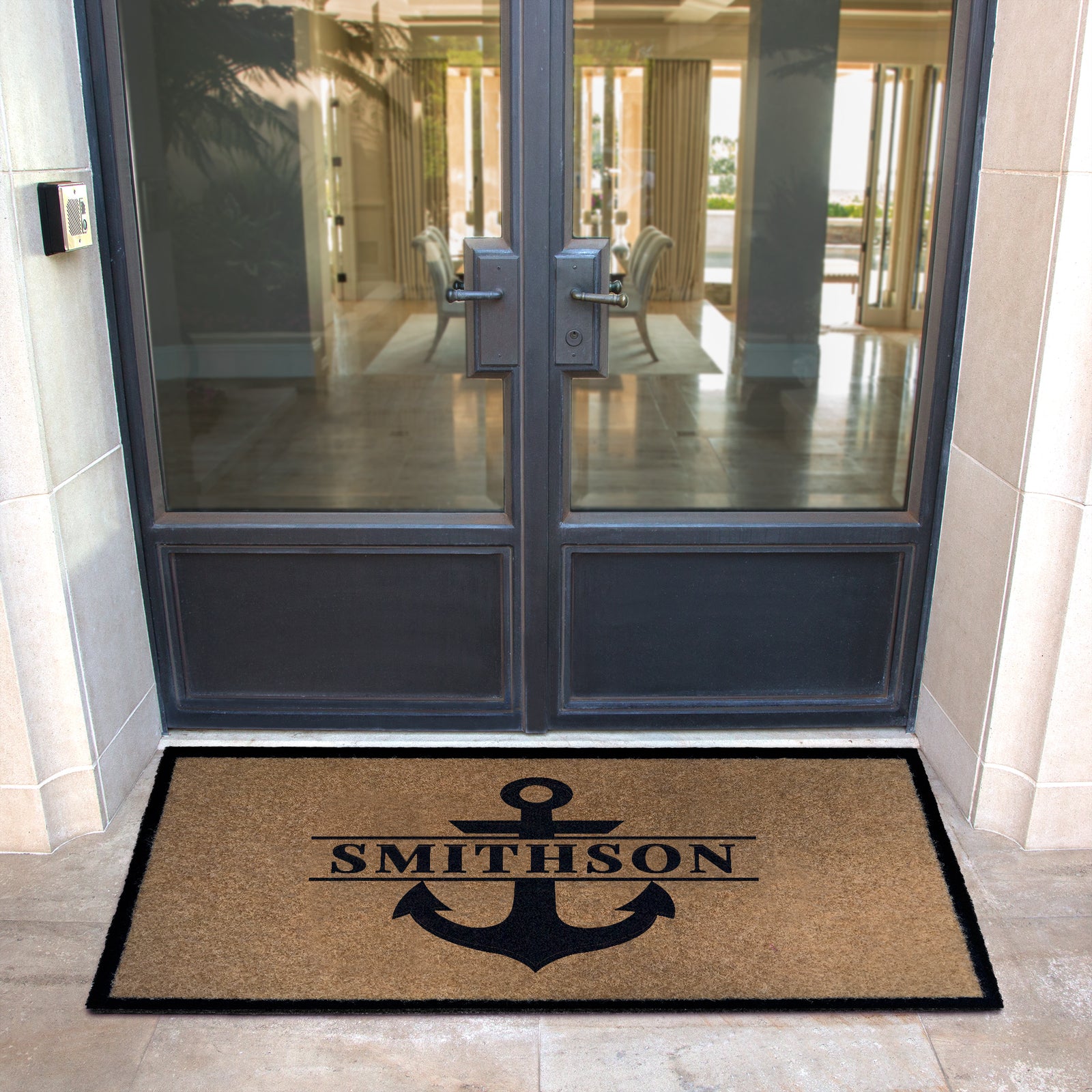 Custom all-weather Infinity doormat in black and tan, fade and shed resistant, perfect for front doors, patios, and high-traffic outdoor areas by RugsThatFit
