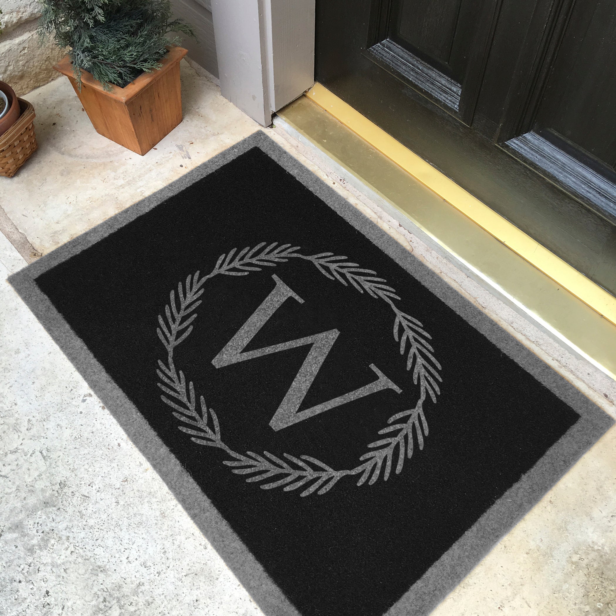 Infinity Custom Mats™ All-Weather Door Mat - STYLE: MONOGRAM BRUSH WREATH COLOR: BLACK / GREY - rugsthatfit.com