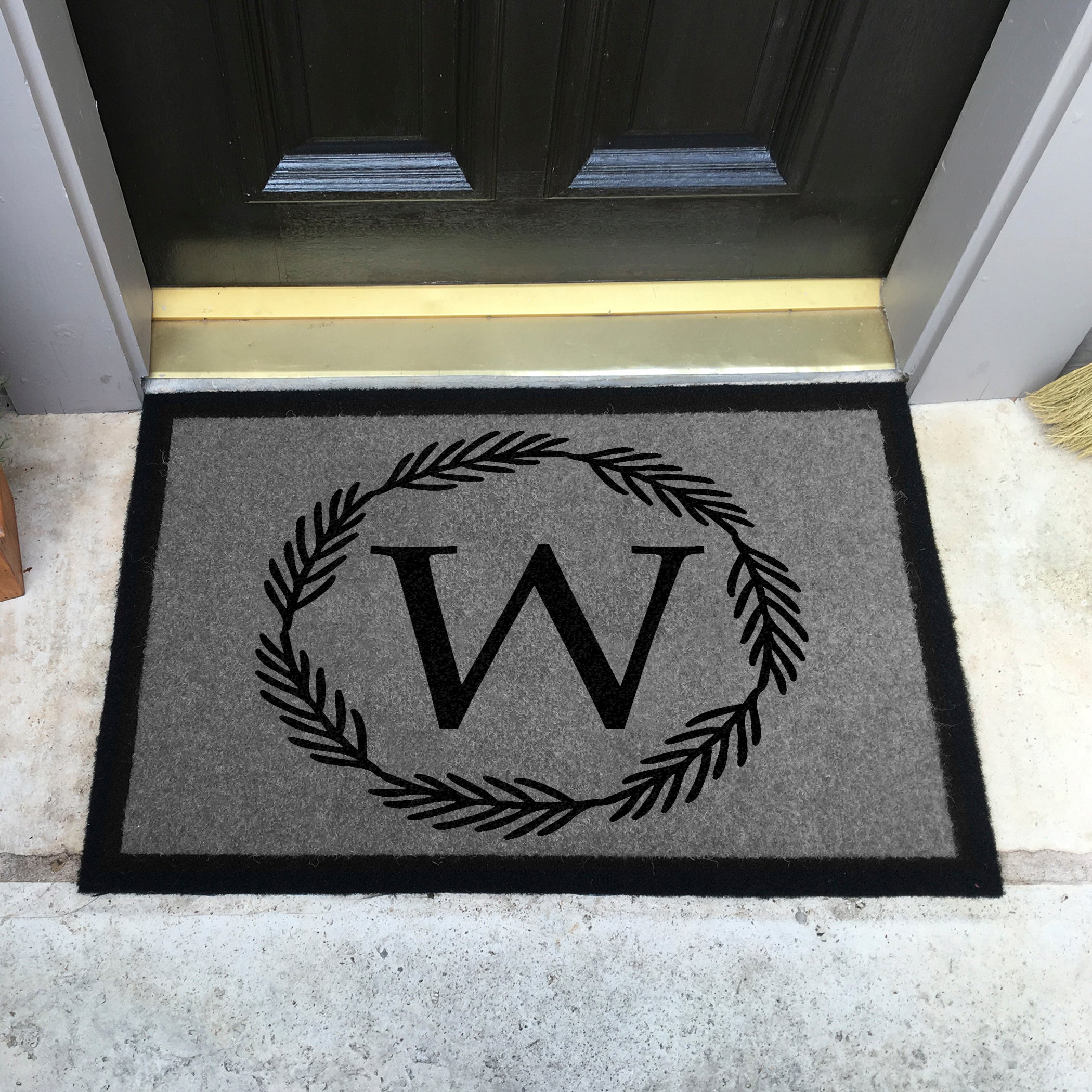 Infinity Custom Mats™ All-Weather Door Mat - STYLE: MONOGRAM BRUSH WREATH COLOR: GREY / BLACK - rugsthatfit.com