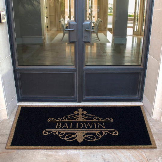 Custom all-weather Infinity doormat in black and tan, fade and shed resistant, perfect for front doors, patios, and high-traffic outdoor areas by RugsThatFit