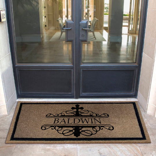 Custom all-weather Infinity doormat in black and tan, fade and shed resistant, perfect for front doors, patios, and high-traffic outdoor areas by RugsThatFit