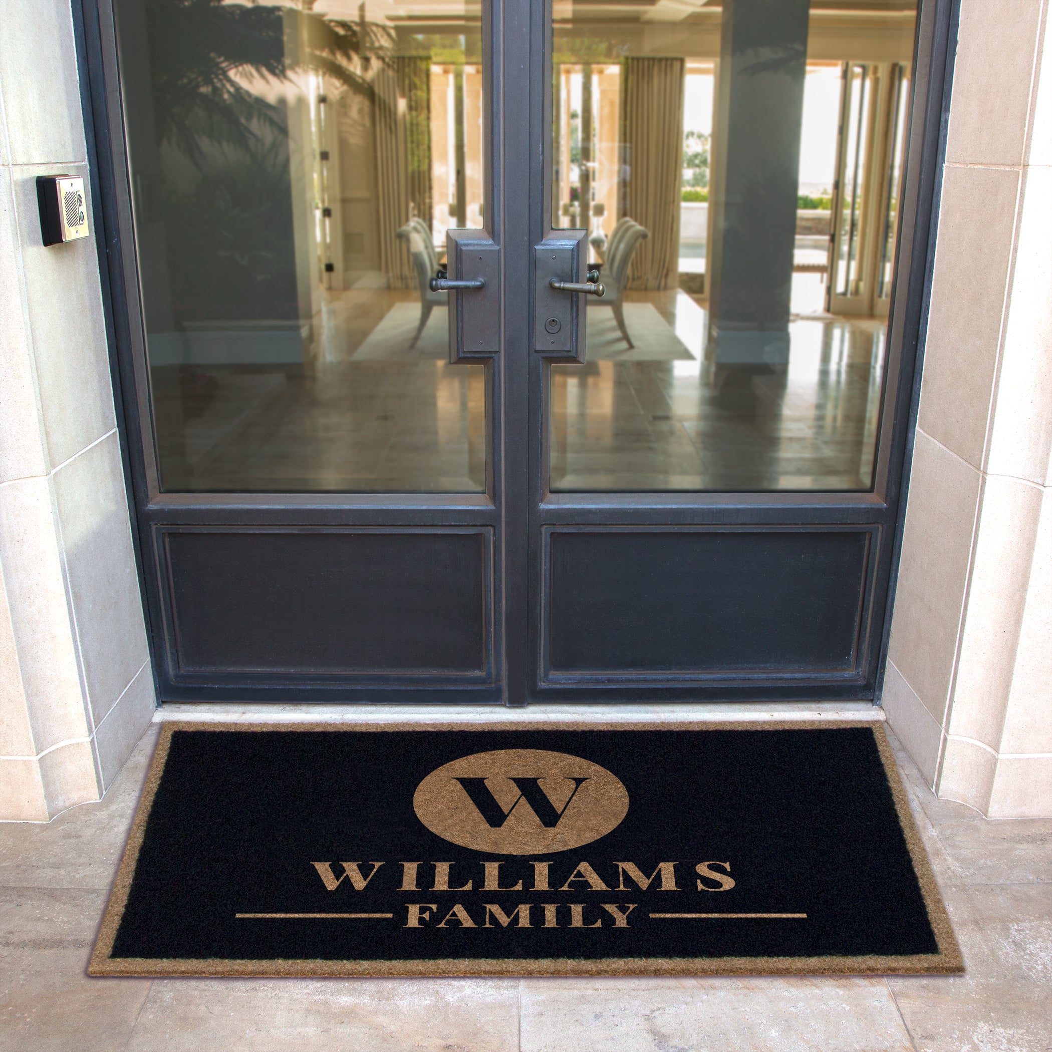 Custom all-weather Infinity doormat in black and tan, fade and shed resistant, perfect for front doors, patios, and high-traffic outdoor areas by RugsThatFit
