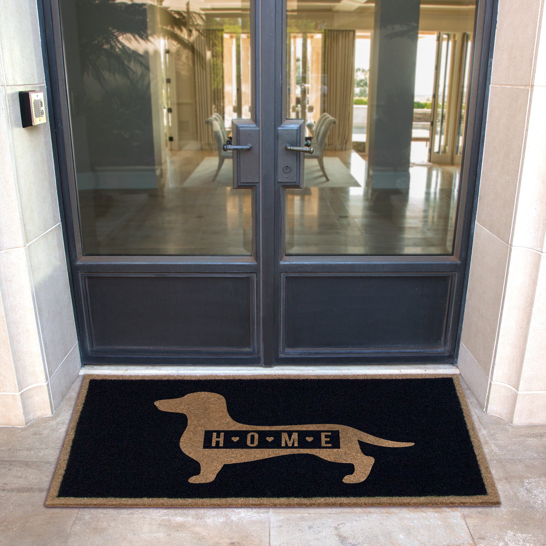 Custom all-weather Infinity doormat in black and tan, fade and shed resistant, perfect for front doors, patios, and high-traffic outdoor areas by RugsThatFit