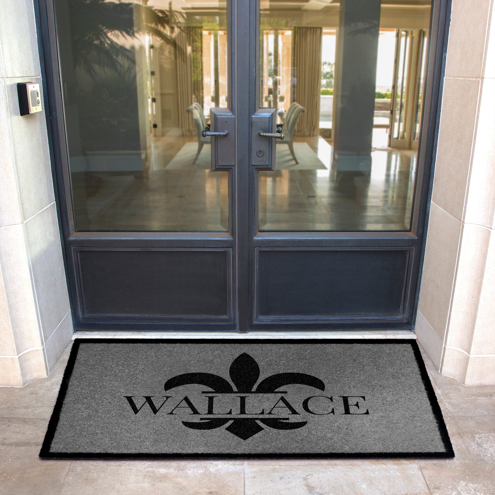 Custom all weather infinity doormat in black and tan, fade and shed resistant, perfect for front doors, and high traffic outdoor areas by RugsThatFit