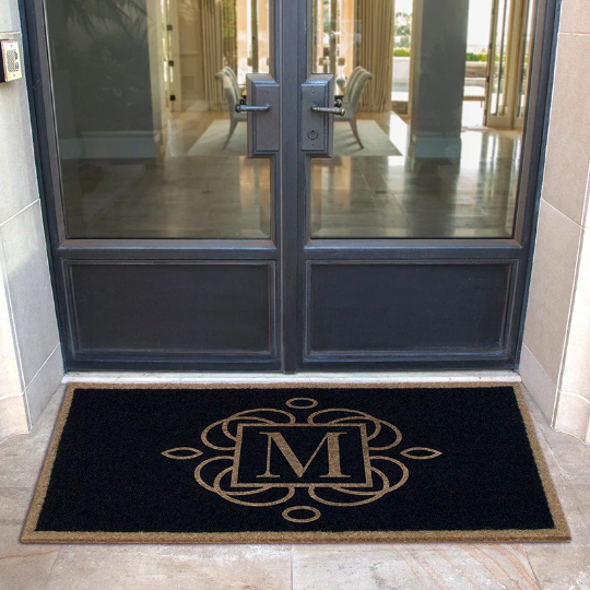 Custom all weather infinity doormat in black and tan, fade and shed resistant, perfect for front doors, and high traffic outdoor areas by RugsThatFit