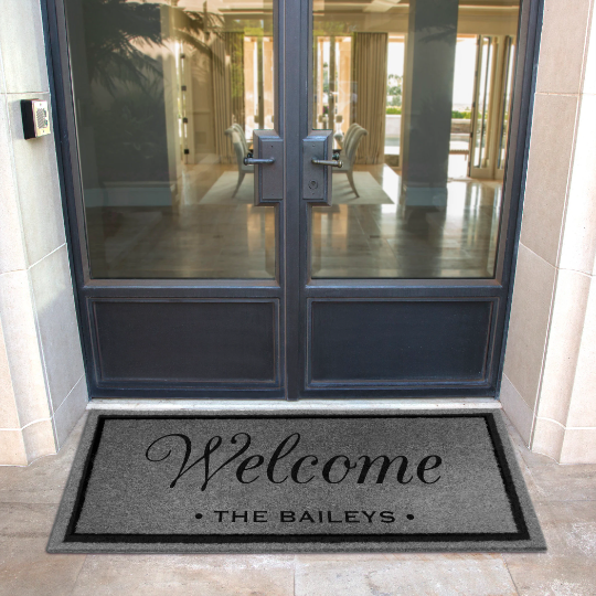 Custom all weather infinity doormat in black and tan, fade and shed resistant, perfect for front doors, and high traffic outdoor areas by RugsThatFit