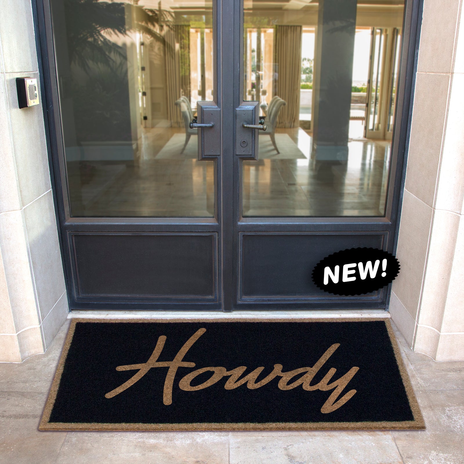 Custom all-weather Infinity doormat in black and tan, fade and shed resistant, perfect for front doors, patios, and high-traffic outdoor areas by RugsThatFit