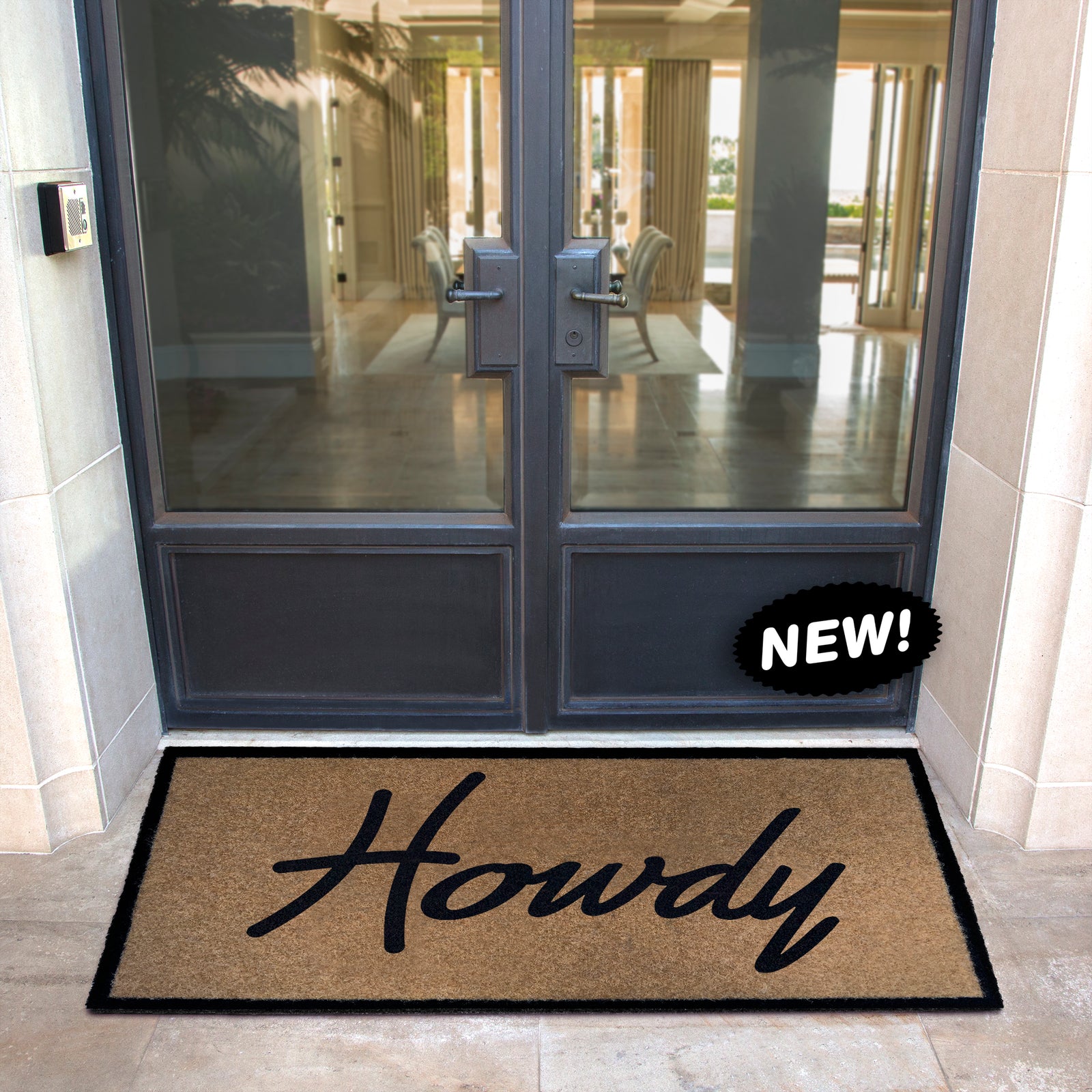 Custom all-weather Infinity doormat in black and tan, fade and shed resistant, perfect for front doors, patios, and high-traffic outdoor areas by RugsThatFit