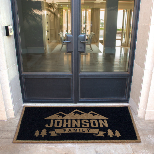Custom all-weather Infinity doormat in black and tan, fade and shed resistant, perfect for front doors, patios, and high-traffic outdoor areas by RugsThatFit