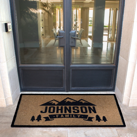 Custom all-weather Infinity doormat in black and tan, fade and shed resistant, perfect for front doors, patios, and high-traffic outdoor areas by RugsThatFit