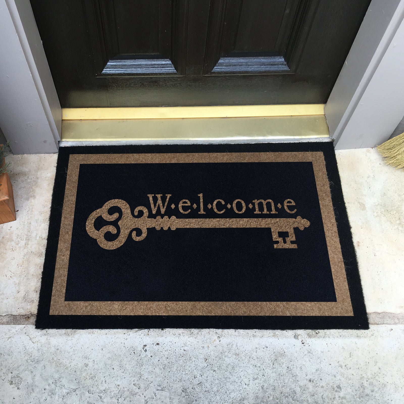 Custom all-weather Infinity doormat in black and tan, fade and shed resistant, perfect for front doors, patios, and high-traffic outdoor areas by RugsThatFit