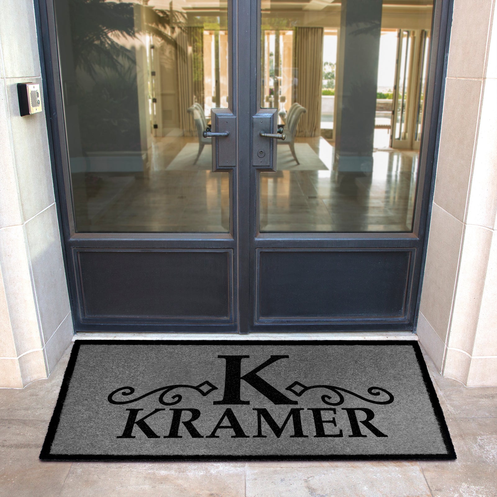 Custom all-weather Infinity doormat in black and tan, fade and shed resistant, perfect for front doors, patios, and high-traffic outdoor areas by RugsThatFit