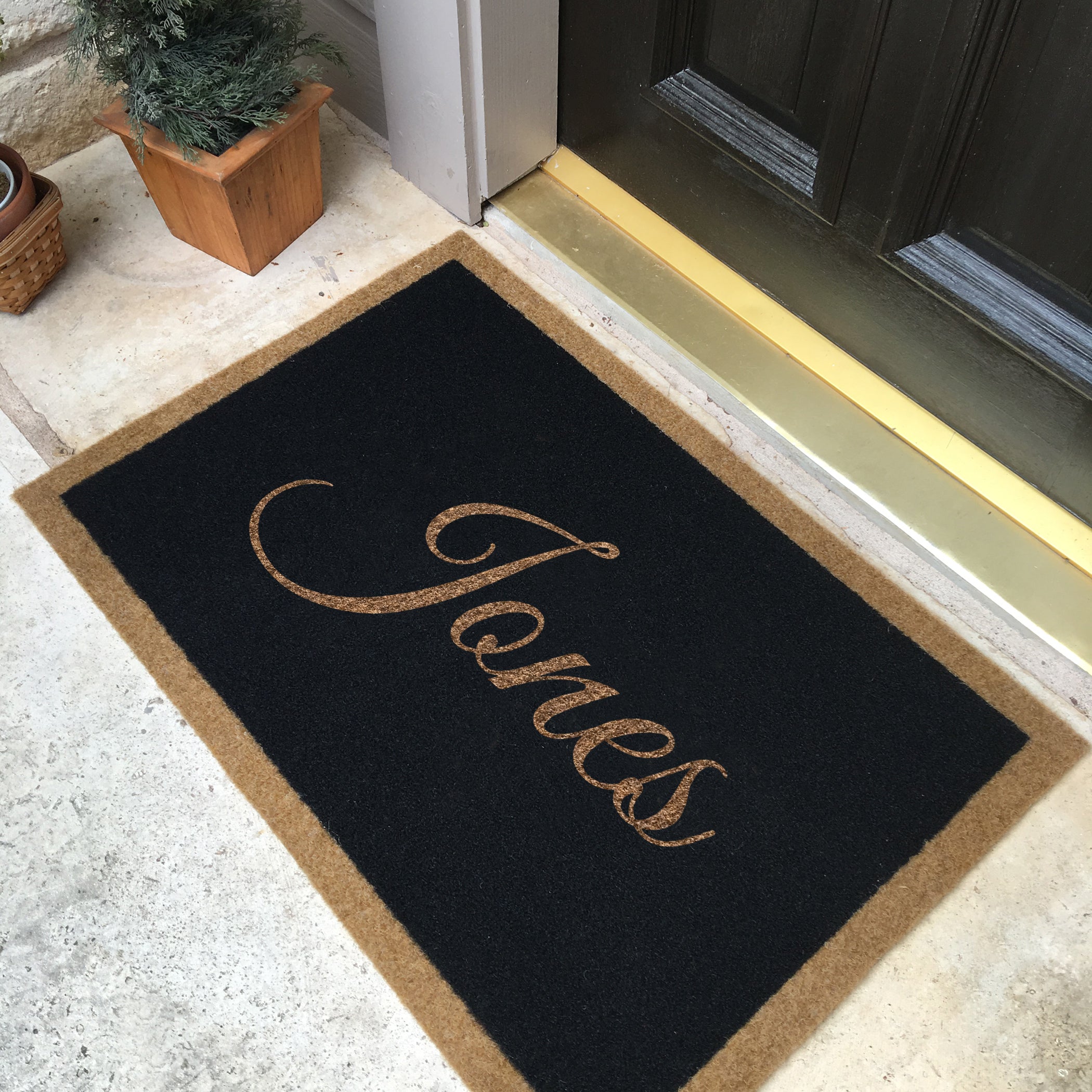 Custom all-weather Infinity doormat in black and tan, fade and shed resistant, perfect for front doors, patios, and high-traffic outdoor areas by RugsThatFit