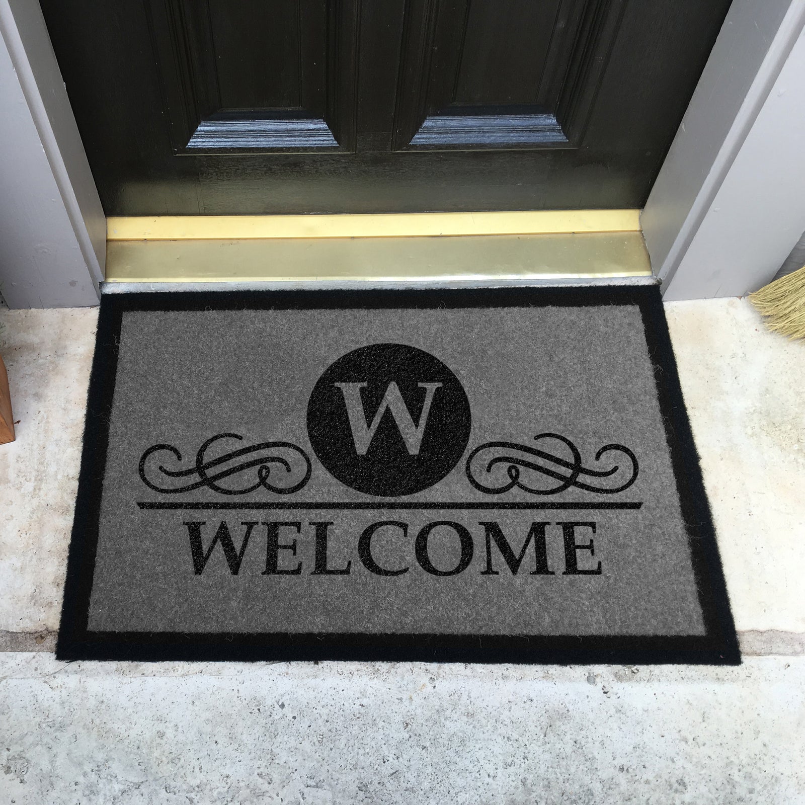 Custom all-weather Infinity doormat in black and tan, fade and shed resistant, perfect for front doors, patios, and high-traffic outdoor areas by RugsThatFit