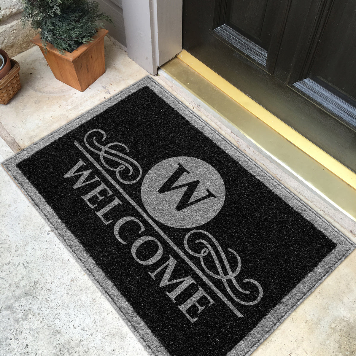 Infinity Custom Mats™ All-Weather Personalized Door Mat -.STYLE: MATTHEWS COLOR: BLACK / GREY - rugsthatfit.com