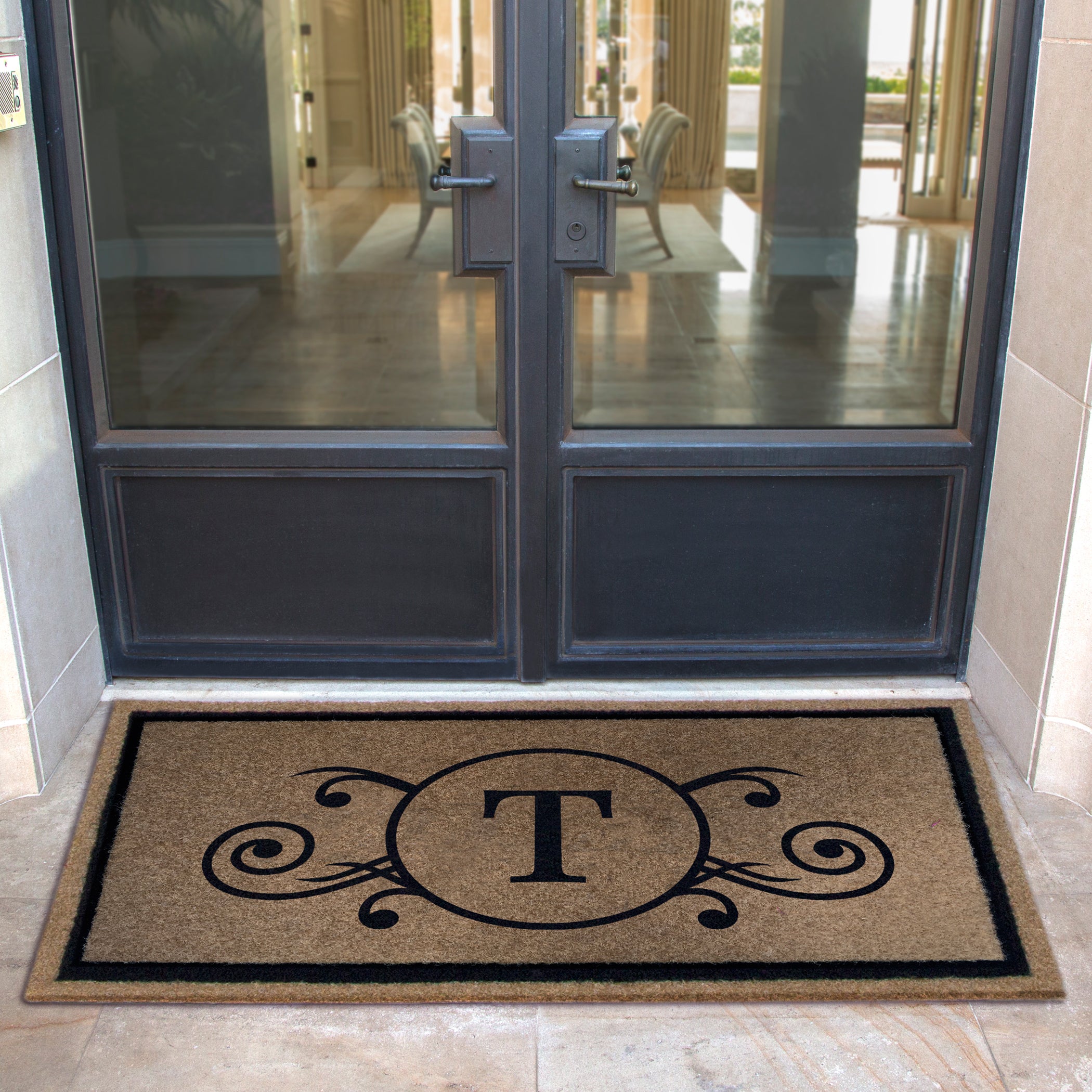 Custom all-weather Infinity doormat in black and tan, fade and shed resistant, perfect for front doors, patios, and high-traffic outdoor areas by RugsThatFit