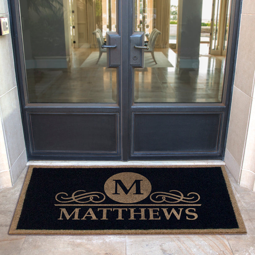 Custom all-weather Infinity doormat in black and tan, fade and shed resistant, perfect for front doors, patios, and high-traffic outdoor areas by RugsThatFit