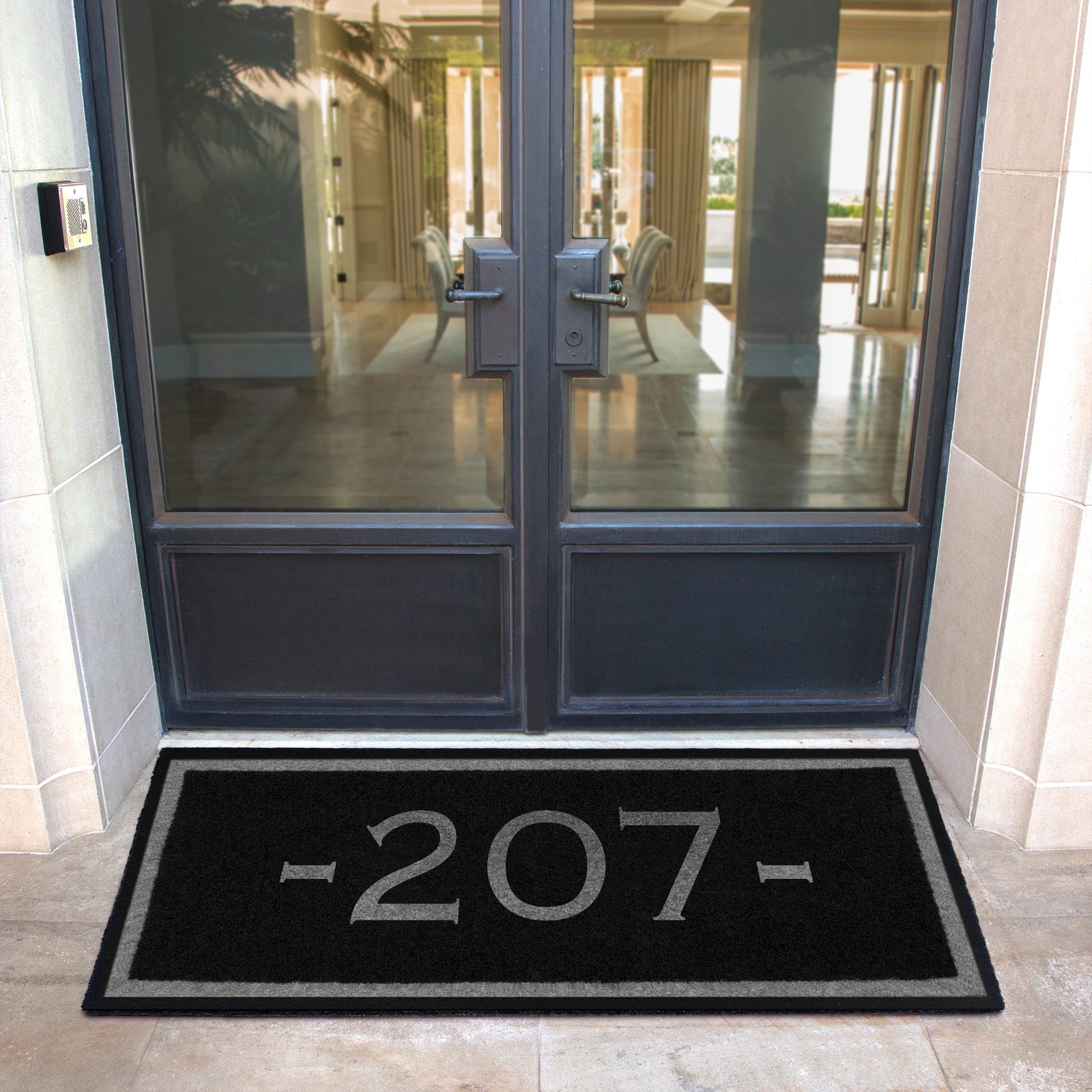 Custom all weather infinity doormat in black and tan, fade and shed resistant, perfect for front doors, and high traffic outdoor areas by RugsThatFit