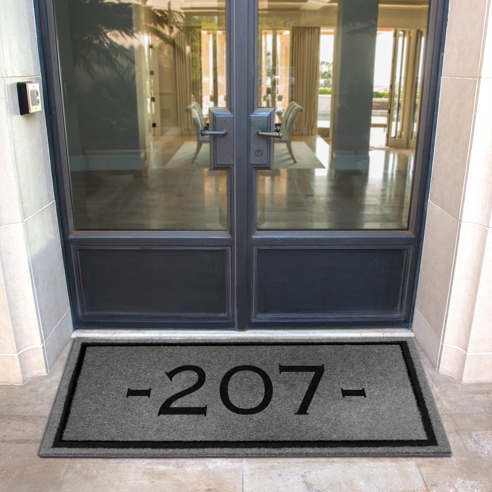 Custom all weather infinity doormat in black and tan, fade and shed resistant, perfect for front doors, and high traffic outdoor areas by RugsThatFit
