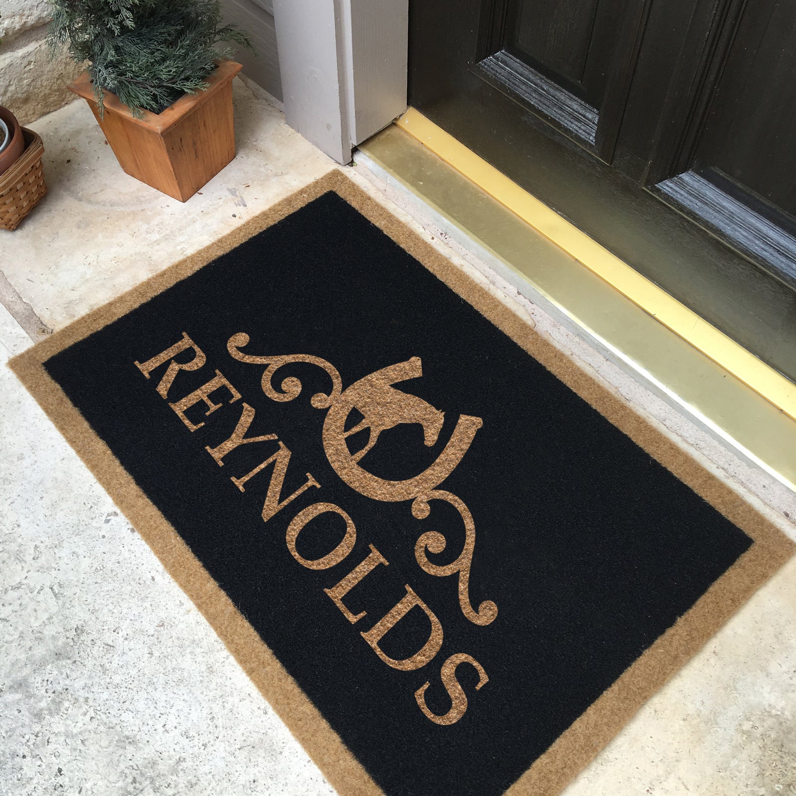 Custom all-weather Infinity doormat in black and tan, fade and shed resistant, perfect for front doors, patios, and high-traffic outdoor areas by RugsThatFit