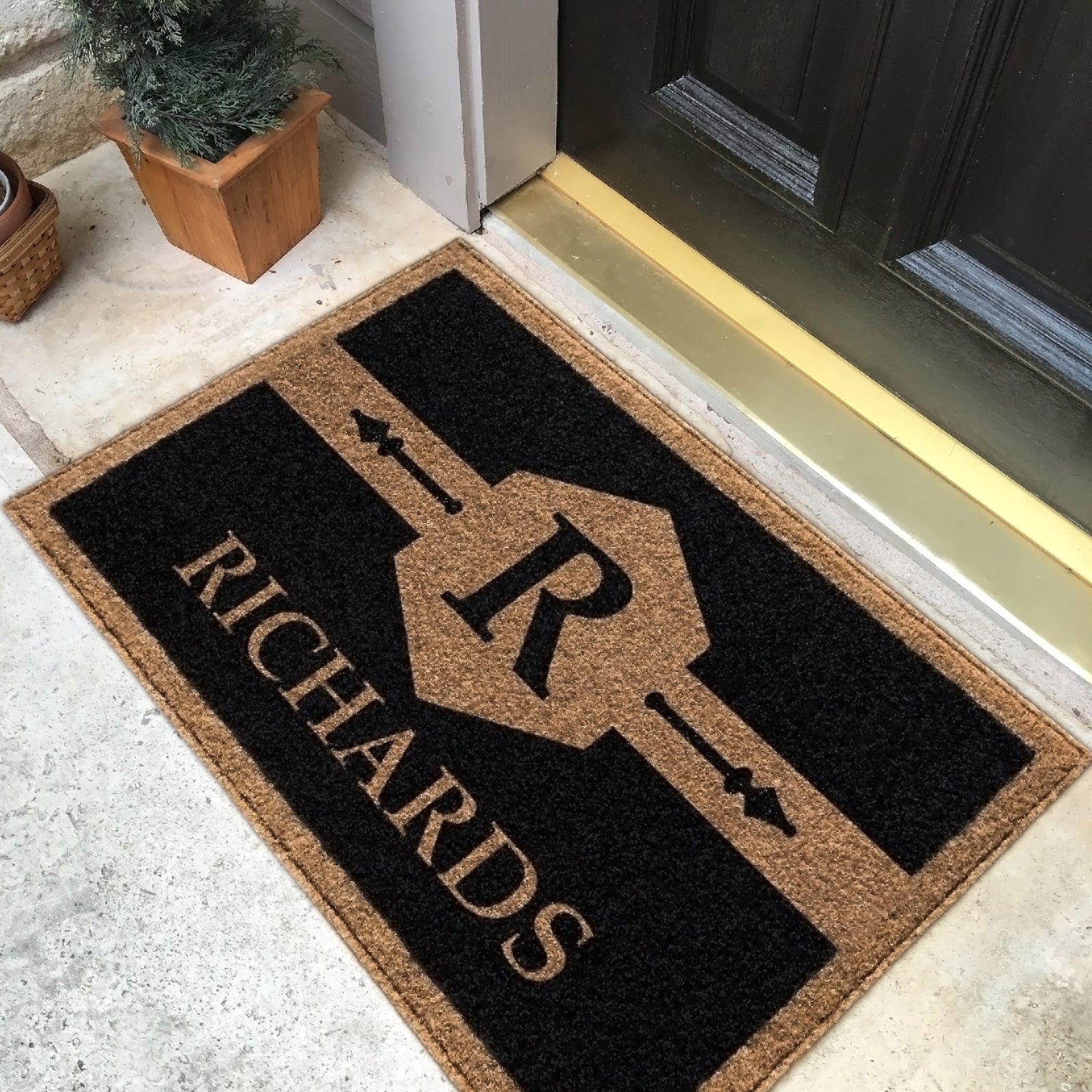 Custom all-weather Infinity doormat in black and tan, fade and shed resistant, perfect for front doors, patios, and high-traffic outdoor areas by RugsThatFit
