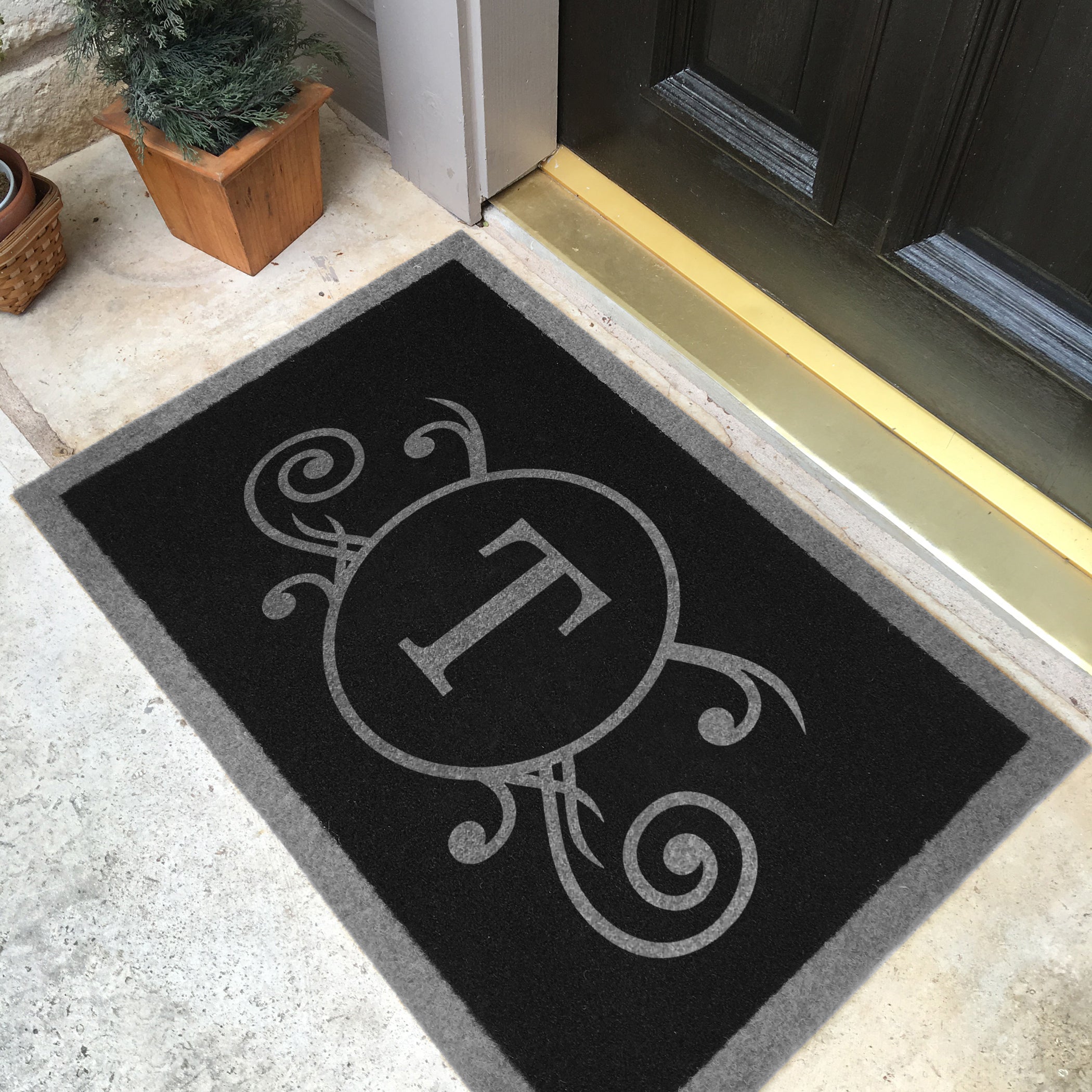Infinity Custom Mats™ All-Weather Personalized Door Mat - STYLE: MONOGRAM SCROLL COLOR: BLACK / GREY - rugsthatfit.com