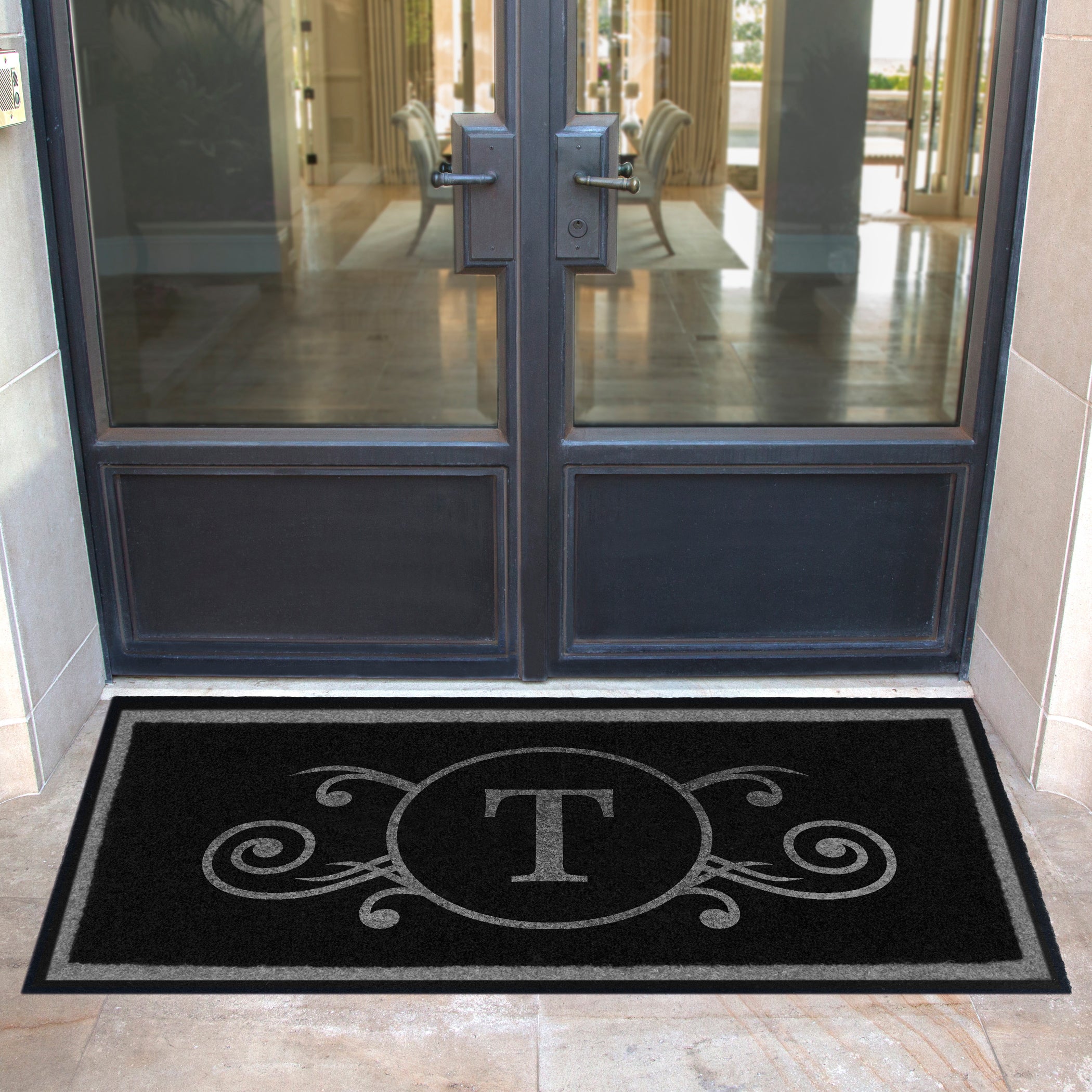 Custom all-weather Infinity doormat in black and tan, fade and shed resistant, perfect for front doors, patios, and high-traffic outdoor areas by RugsThatFit
