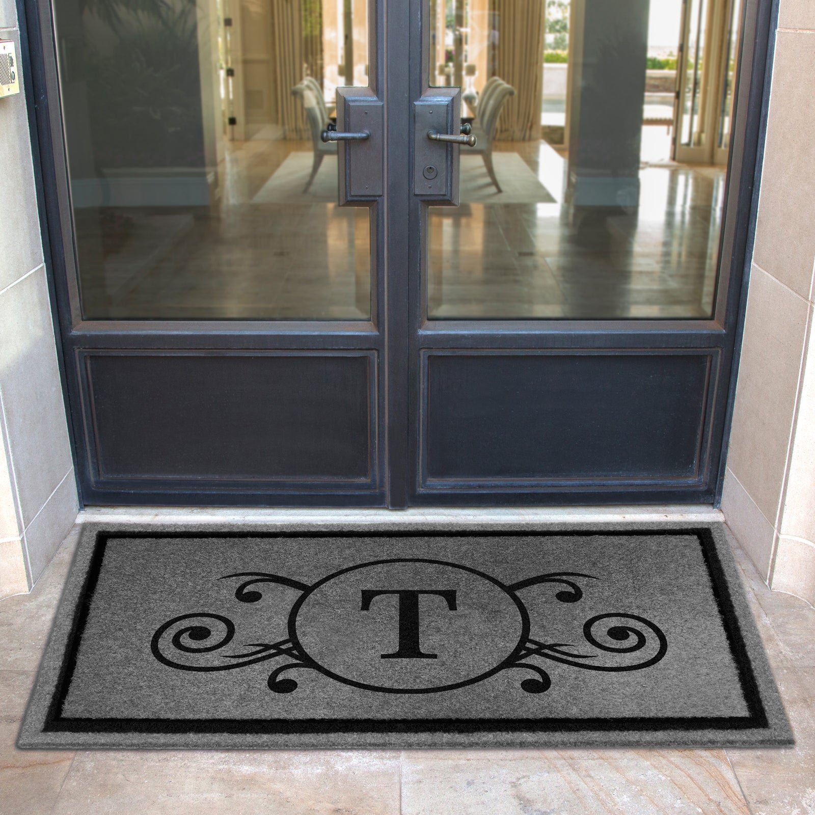 Custom all-weather Infinity doormat in black and tan, fade and shed resistant, perfect for front doors, patios, and high-traffic outdoor areas by RugsThatFit