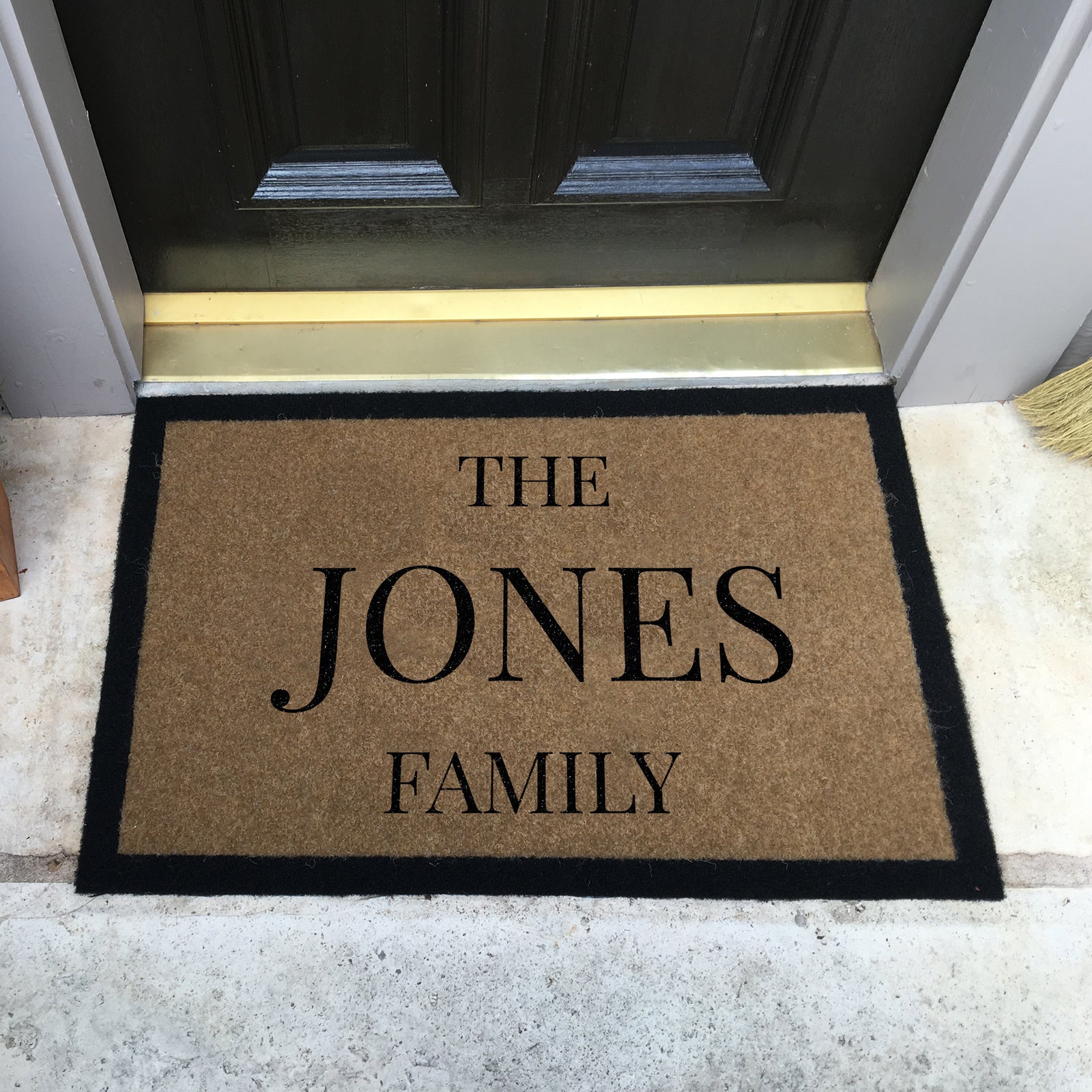 Custom all-weather Infinity doormat in black and tan, fade and shed resistant, perfect for front doors, patios, and high-traffic outdoor areas by RugsThatFit