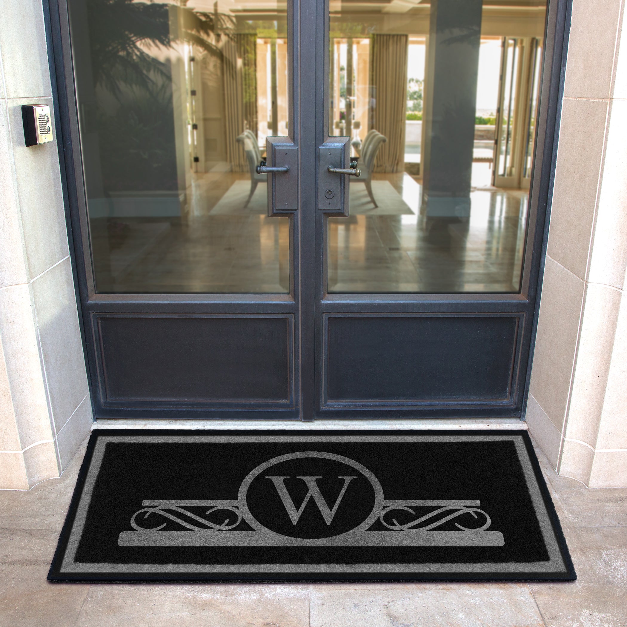 Custom all weather infinity doormat in black and tan, fade and shed resistant, perfect for front doors, and high traffic outdoor areas by RugsThatFit