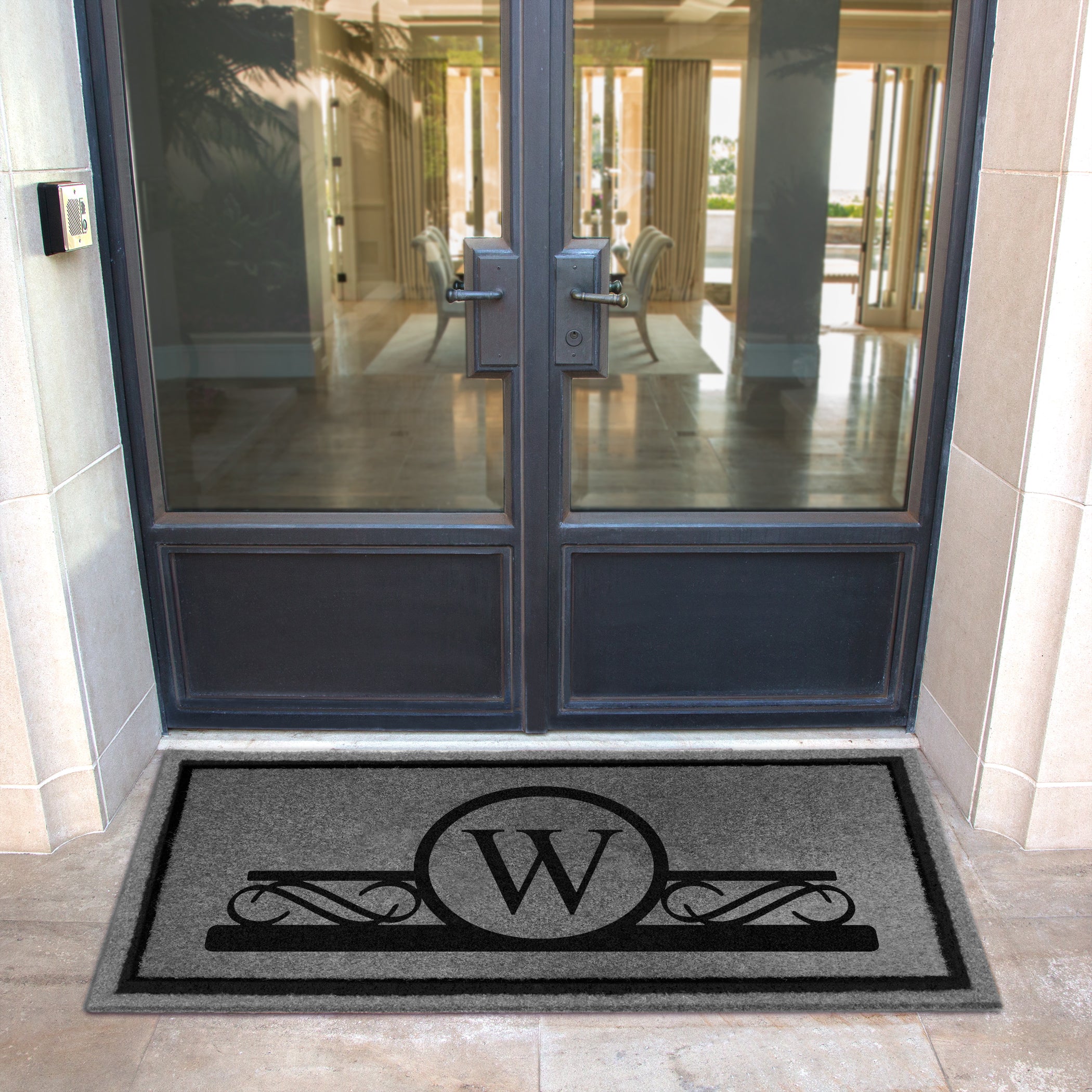 Custom all weather infinity doormat in black and tan, fade and shed resistant, perfect for front doors, and high traffic outdoor areas by RugsThatFit