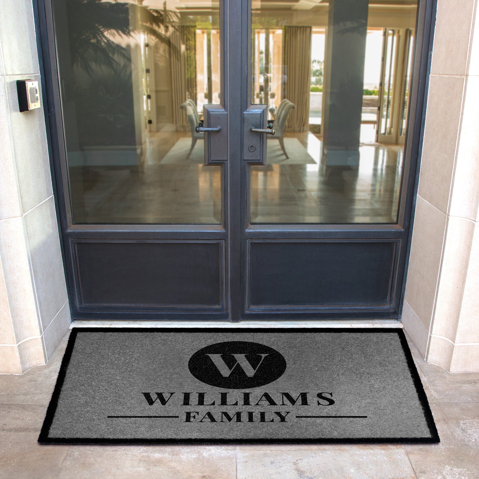 Custom all weather infinity doormat in black and tan, fade and shed resistant, perfect for front doors, and high traffic outdoor areas by RugsThatFit