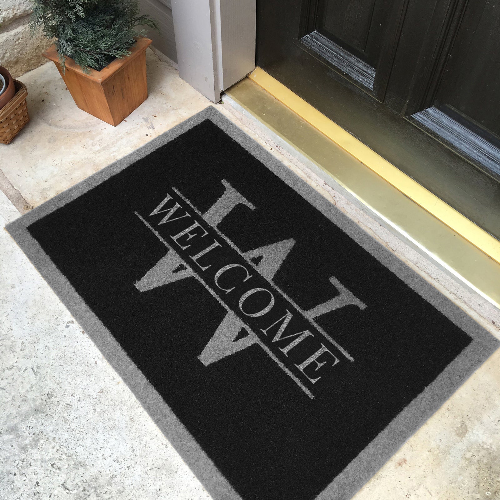 Custom all-weather Infinity doormat in black and tan, fade and shed resistant, perfect for front doors, patios, and high-traffic outdoor areas by RugsThatFit