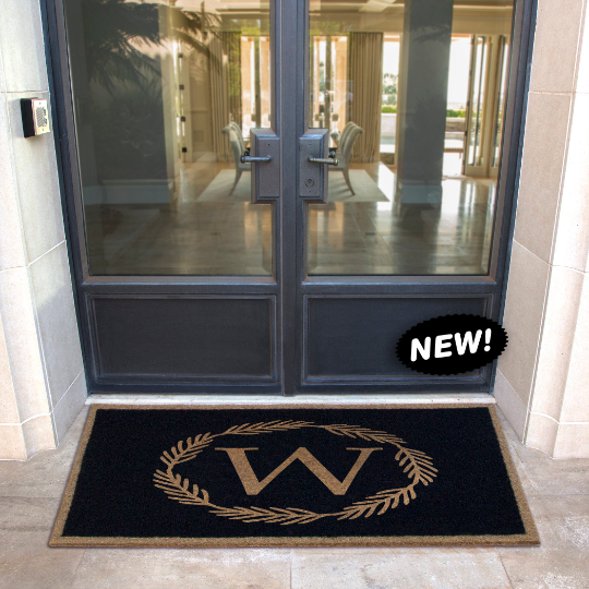 Custom all-weather Infinity doormat in black and tan, fade and shed resistant, perfect for front doors, patios, and high-traffic outdoor areas by RugsThatFit