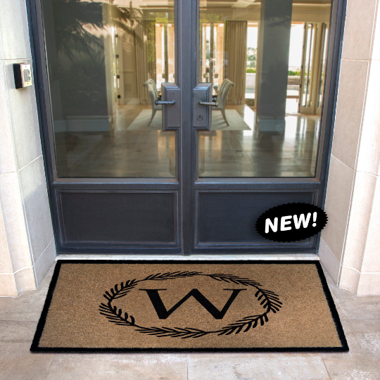 Custom all-weather Infinity doormat in black and tan, fade and shed resistant, perfect for front doors, patios, and high-traffic outdoor areas by RugsThatFit