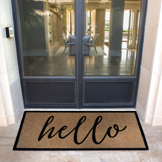 Custom all-weather Infinity doormat in black and tan, fade and shed resistant, perfect for front doors, patios, and high-traffic outdoor areas by RugsThatFit