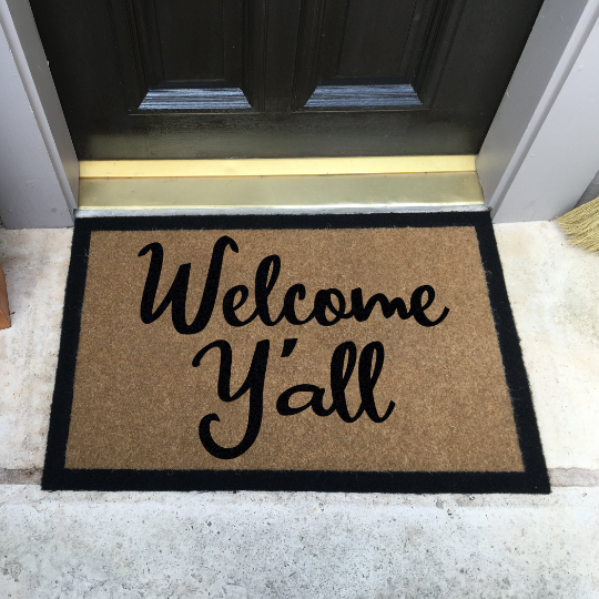 Custom all-weather Infinity doormat in black and tan, fade and shed resistant, perfect for front doors, patios, and high-traffic outdoor areas by RugsThatFit